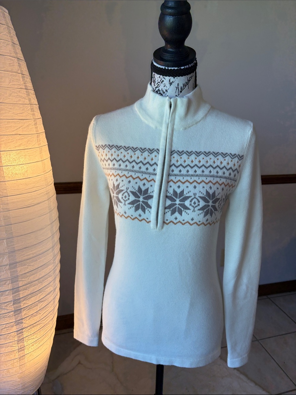 Women’s Cream Nordic-Pattern Half-Zip Turtleneck Sweater